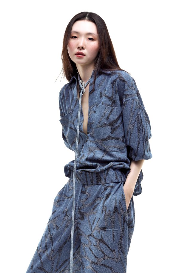 Roberta Redaelli spring summer 2026, R1366 Jacquard knit blouse with elasticated hem fiore grande tricolore jeans