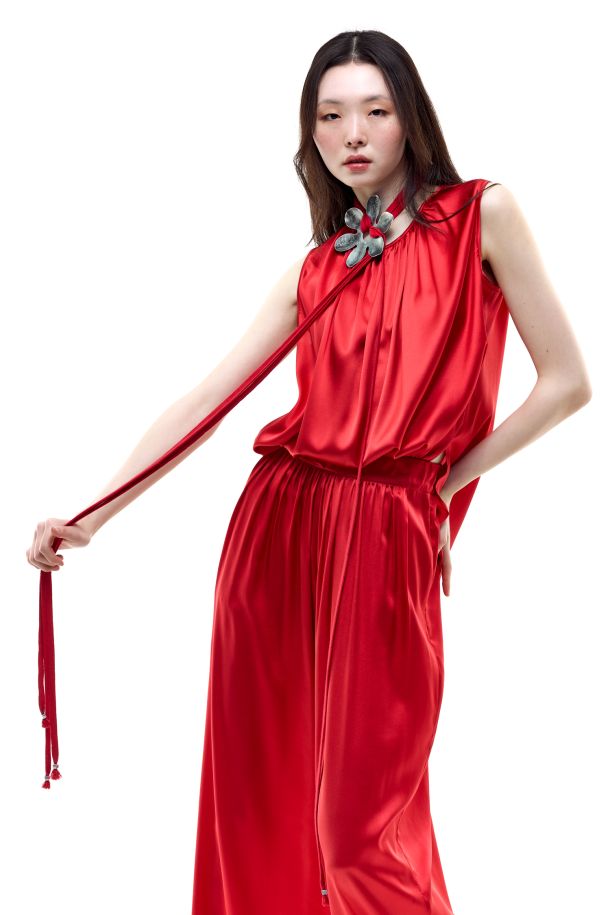 Roberta Redaelli spring summer 2026, RD503 Silk gathered-neck top corallo