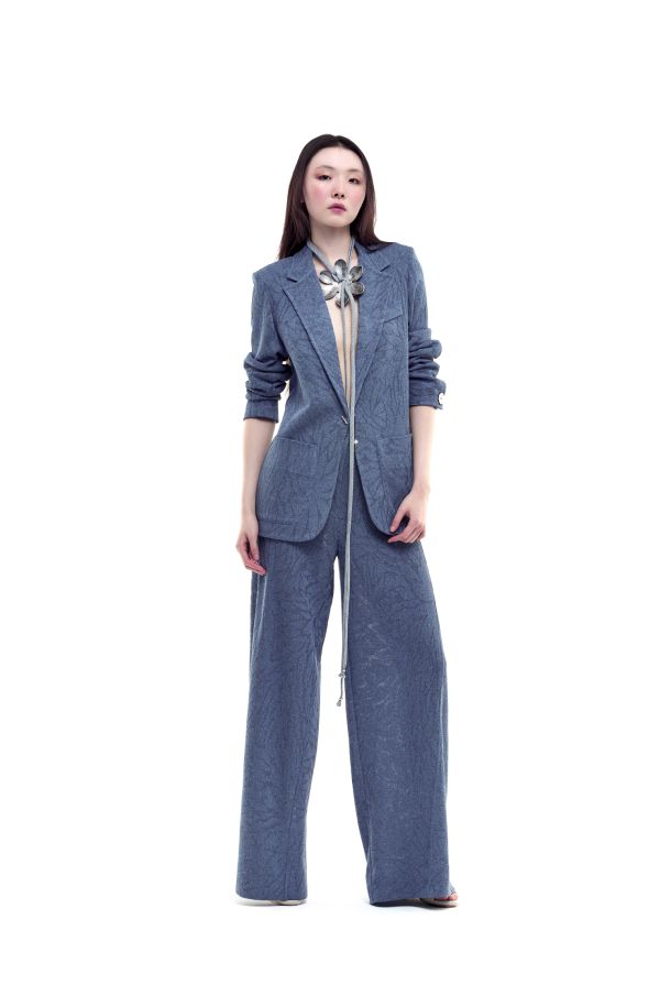 Roberta Redaelli spring summer 2026, RSA141 Dinami-tecs jacquard knit palazzo pants with pockets fiore piccolo jeans