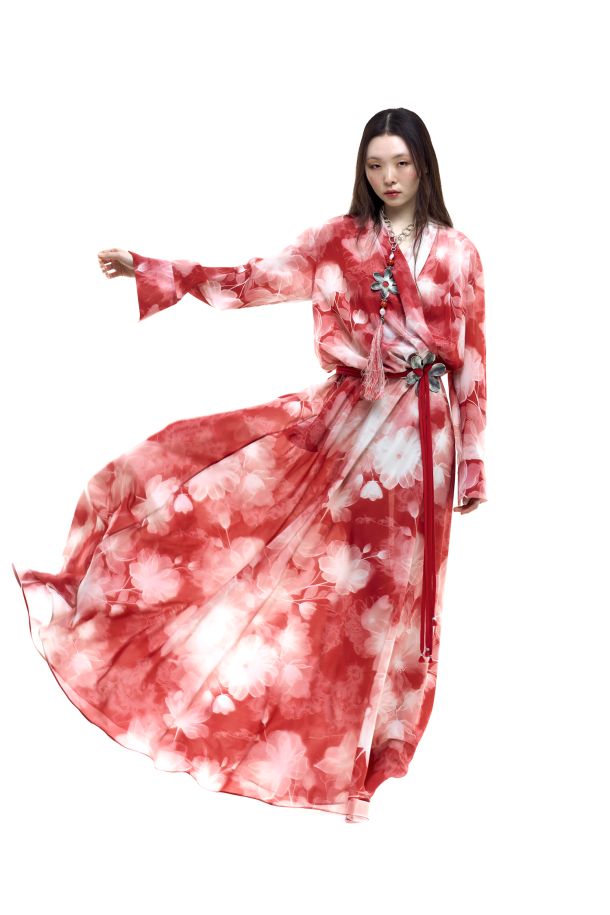 Roberta Redaelli spring summer 2026, R508 Silk wide full-skirted dress trasparenze corallo