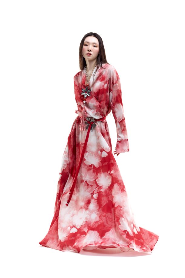 Roberta Redaelli spring summer 2026, R508 Silk wide full-skirted dress trasparenze corallo