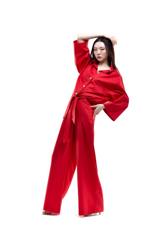 Roberta Redaelli spring summer 2026, RD510-cotton cotton Pants with pockets and belt corallo