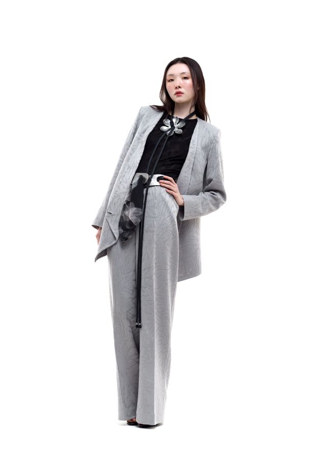 Roberta Redaelli spring summer 2026, R1363 Gemini ha detto Jacquard knit palazzo pants with pleats fiore piccolo alabastro