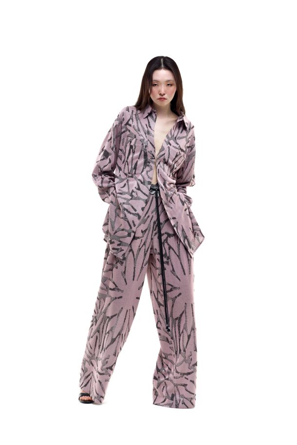 Roberta Redaelli spring summer 2026, R1362 Wide-leg jacquard knit pants with pleats and pockets fiore grande tricolore quarzo