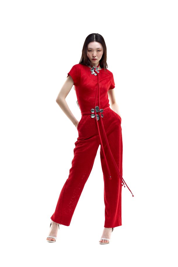 Roberta Redaelli PRIMAVERA ESTATE 2026, RSA147 pantaloni balloon in maglia jacquard dinami-tecs fiore piccolo corallo