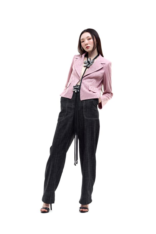 Roberta Redaelli primavera estate 2026, R1360 giacca scatoletta con gemello in maglia jacquard dinami-tecs fiore piccolo quarzo