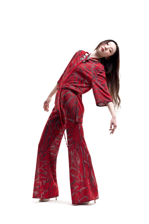 Roberta Redaelli primavera estate 2026, R1368 pantaloni trombetta in maglia jacquard fiore grande tricolore corallo