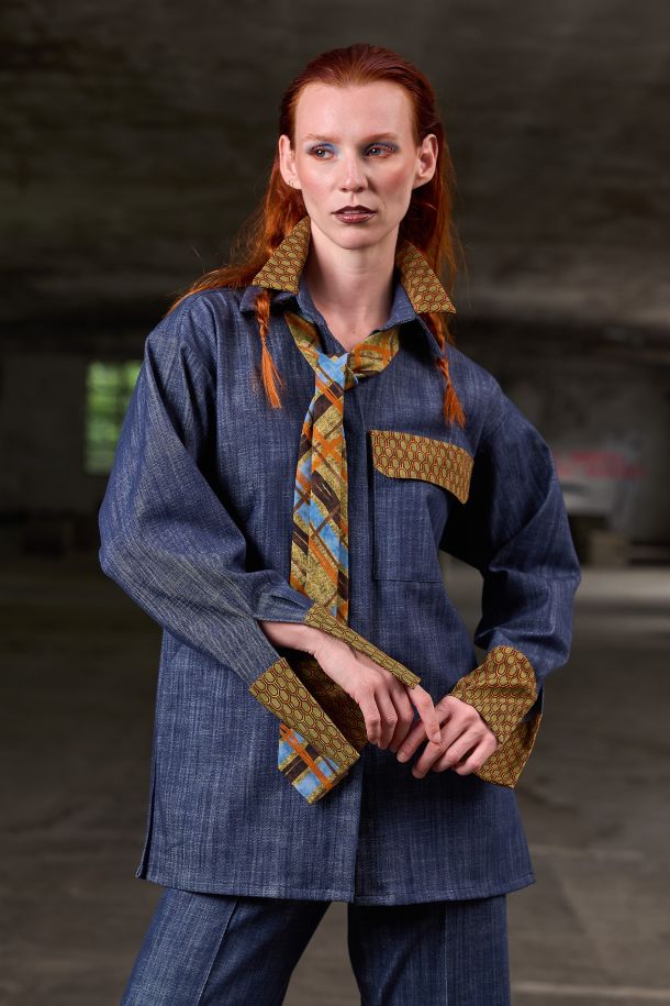 Roberta Redaelli AI 2026-27 PAPILIO, RSA163 camicia in jeans con doppio collo, tascona e inserti in seta scagliette carciofo