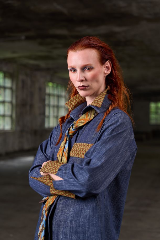 Roberta Redaelli AI 2026-27 PAPILIO, RSA163 camicia in jeans con doppio collo, tascona e inserti in seta scagliette carciofo