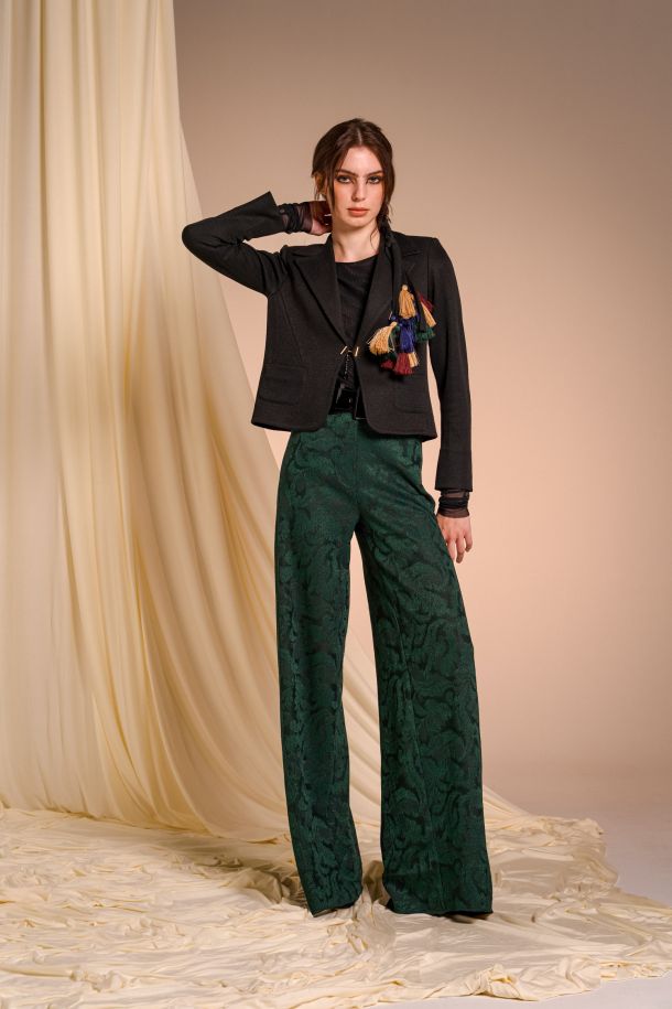 Roberta Redaelli fall winter 2025-26, RSA141 Palazzo trousers in DINAMI-TECS brocade jacquard knit with pockets malachite