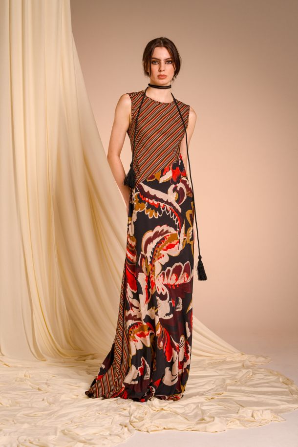 Roberta Redaelli fall winter 2025-26, RD488 Bias-cut shirt dress in printed silk, prints acquarello rubino, riga rubino