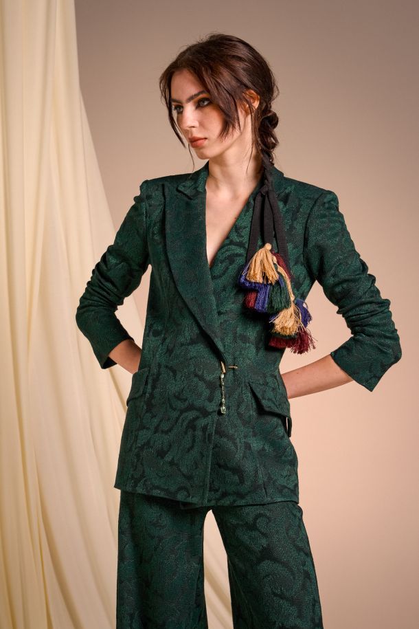 Roberta Redaelli fall winter 2025-26, RSA124Double-breasted jacket with cufflink in DINAMI-TECS brocade jacquard knit malachite