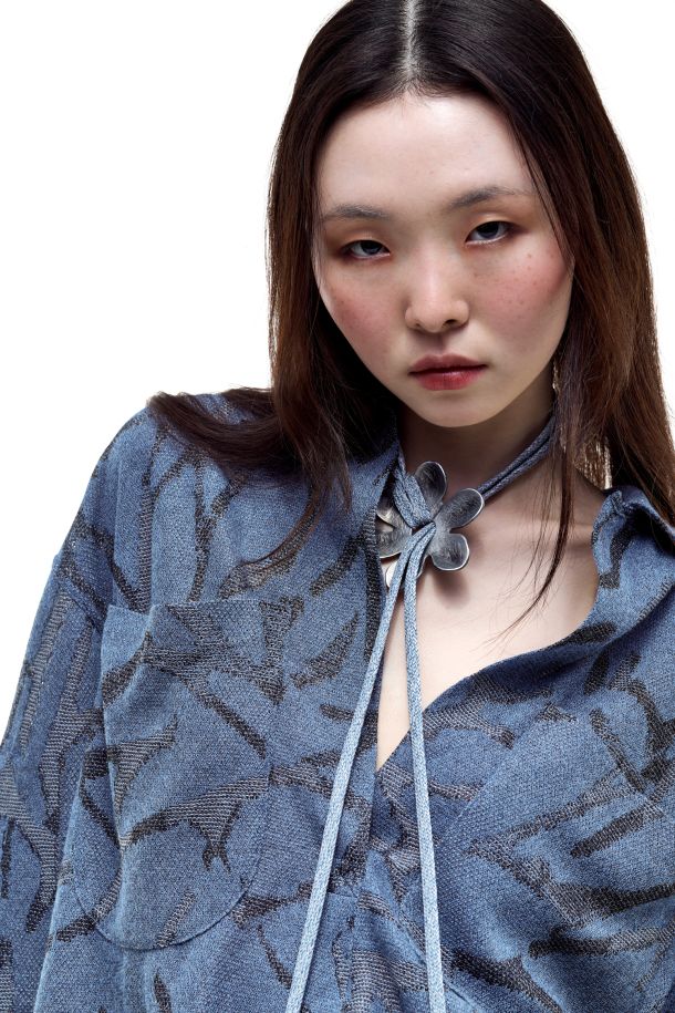 Roberta Redaelli spring summer 2026, R1366 Jacquard knit blouse with elasticated hem fiore grande tricolore jeans