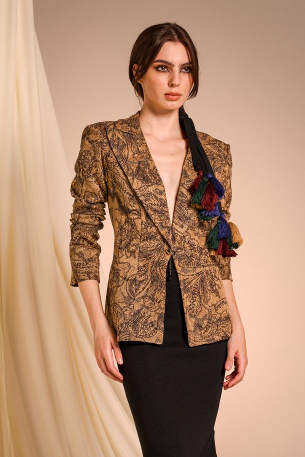 Roberta Redaelli fall winter 2025-26, R1345/2ST Jacket with cufflink-style closure in DINAMI-TECS brocade jacquard knit with contrasting raised print - topazio