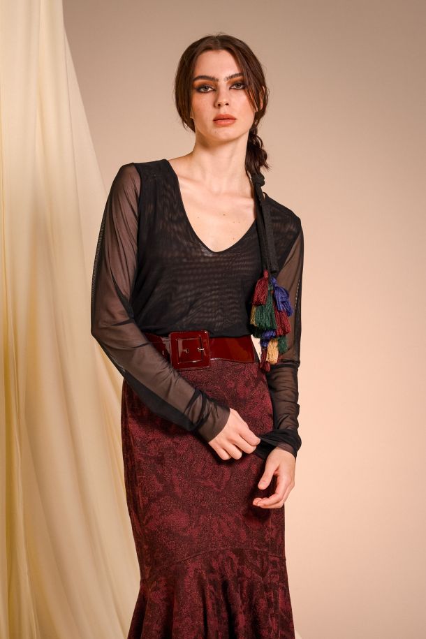 Roberta Redaelli fall winter 2025-26, RSA143 Long-sleeved V-neck top in tulle nero