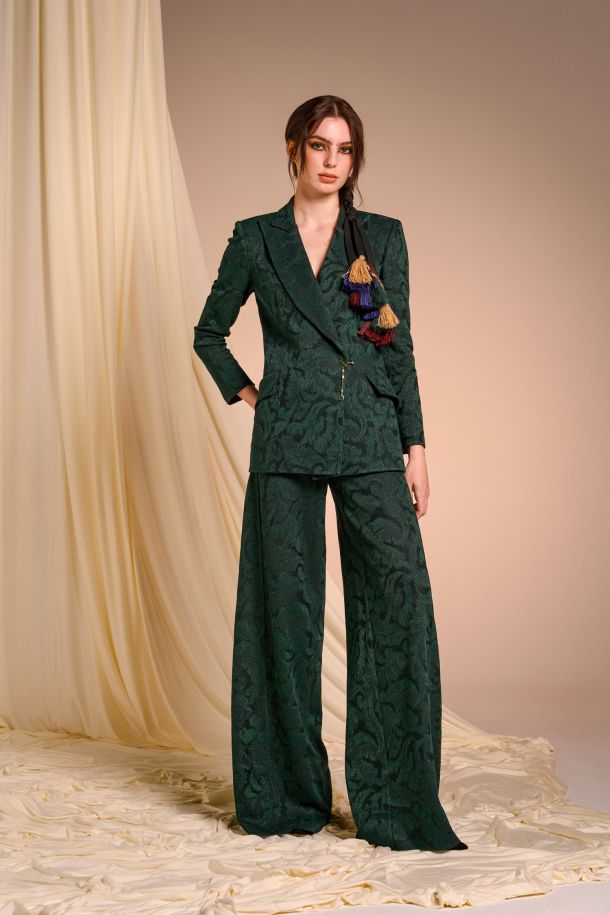 Roberta Redaelli fall winter 2025-26, RSA141 Palazzo trousers in DINAMI-TECS brocade jacquard knit with integrated pockets malachite