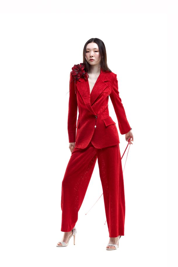 Roberta Redaelli PRIMAVERA ESTATE 2026, RSA147 pantaloni balloon in jacquard maglia dinami-tecs fiore piccolo corallo