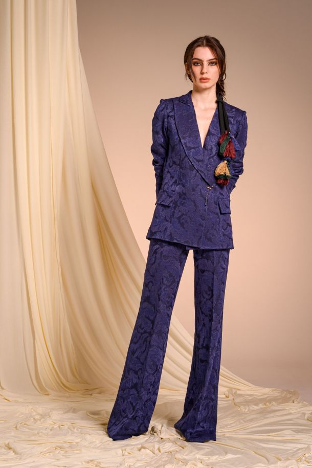 Roberta Redaelli AUTUNNO INVERNO 2025-26, RSA135 pantaloni con piega centrale in maglia jacquard dinami-tecs broccato zaffiro