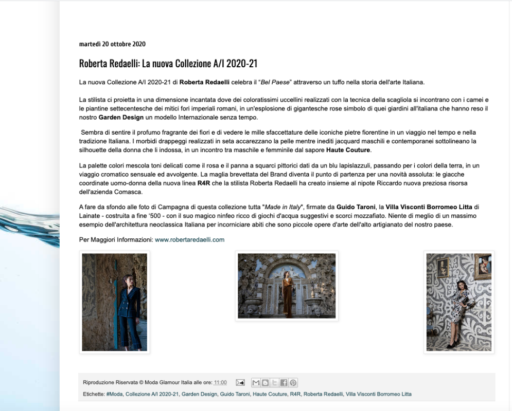 Moda glaour italia del 20 ottobre 2020 parla della nuova collezione autunno inverno 2020-2021 di Roberta Redaelli con foto scattate nella bellissima villa litta di Lainae