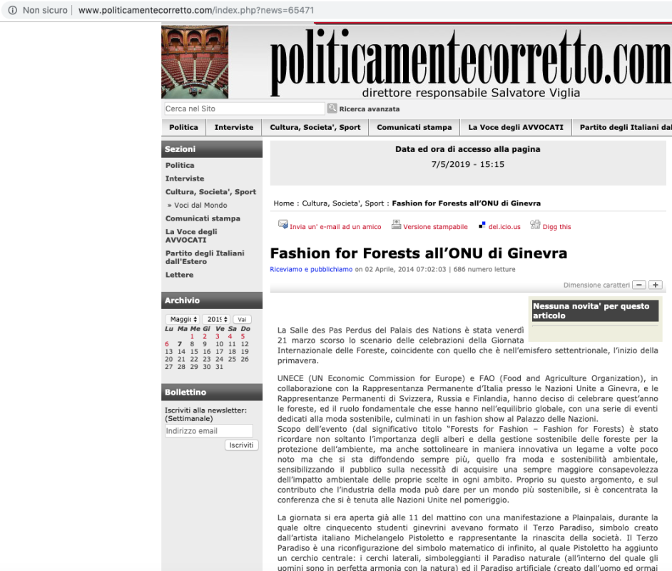 Politicamente Corretto 2 aprile 2014 Roberta Redaelli all'Onu di Ginevra per Forest for Fashion