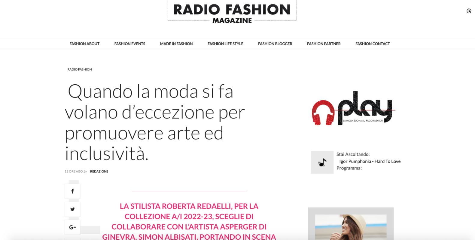 Radio Fashion Magazine 6 ottobre 2022 ECLèCKTICA by Roberta Redaelli AI 2022-23 Il mondo di Simon