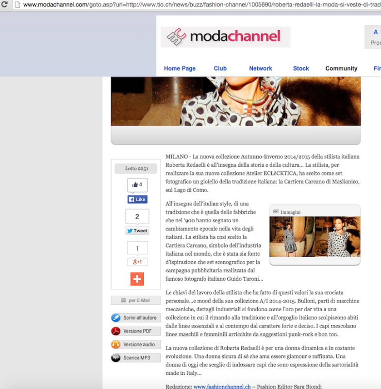 Moda Channel 11 novembre 2014 Roberta Redaelli ai Tempi Moderni