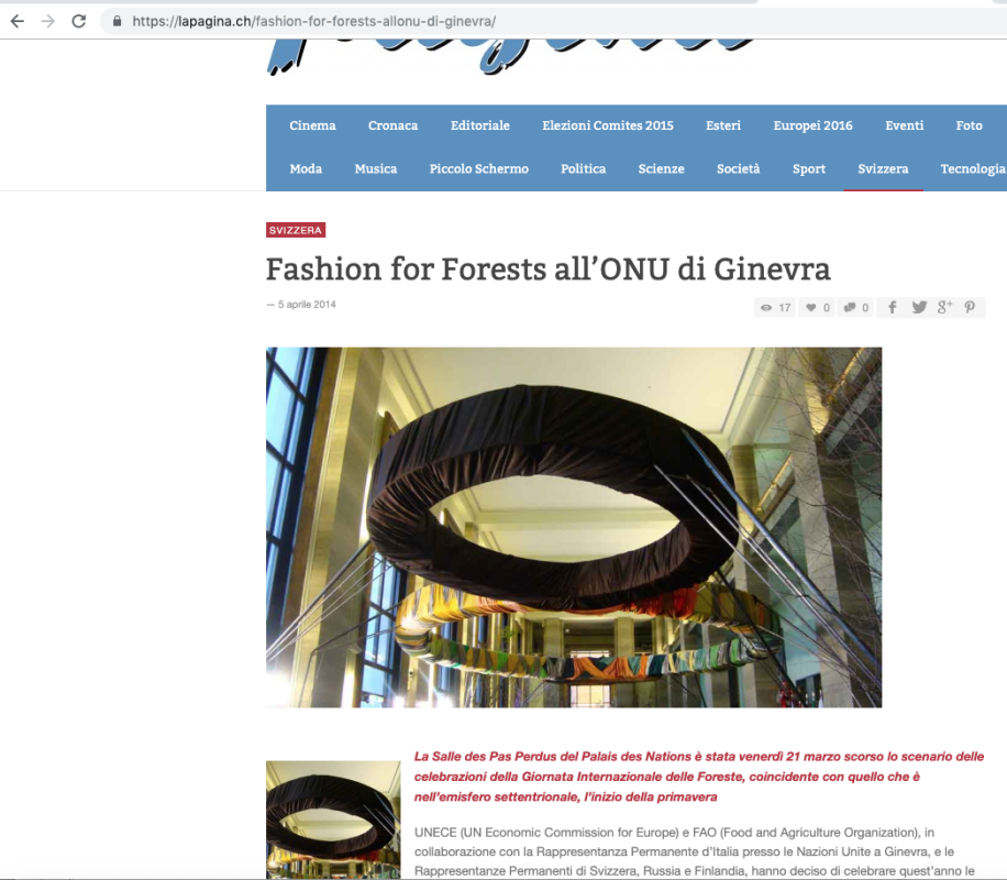 LaPagina.ch 4 aprile 2014 Roberta Redaelli all'Onu a Ginevra per Forests for Fashion