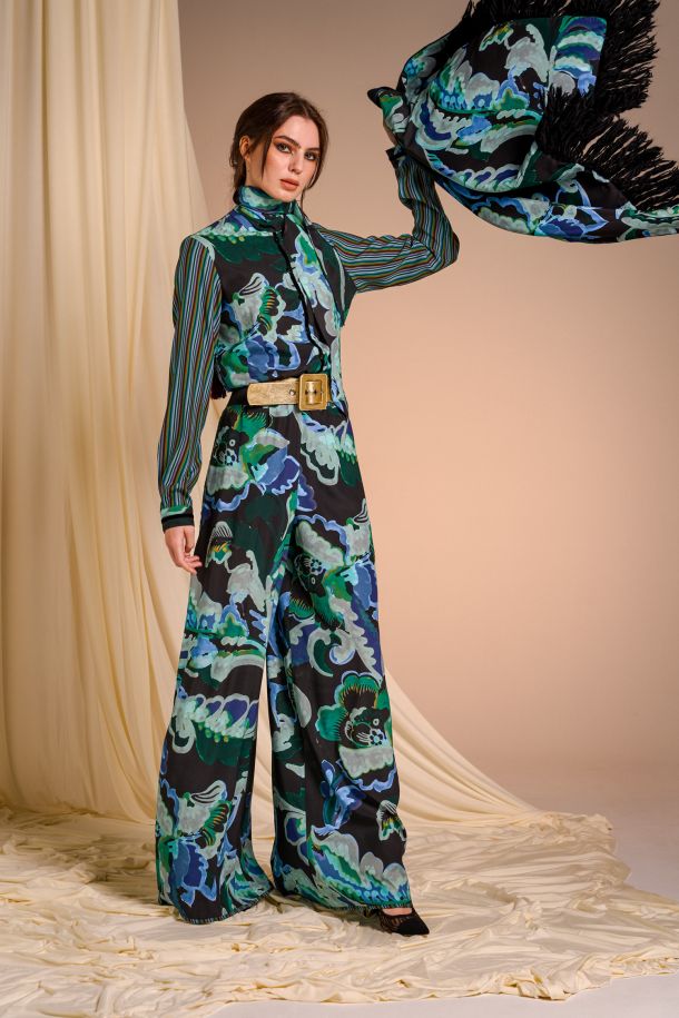 Roberta Redaelli AUTUNNO INVERNO 2025-26, RD491 pantaloni in seta stampa acquarello zaffiro, riga zaffiro
